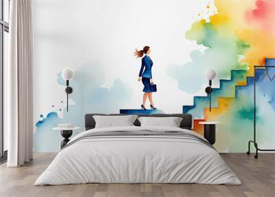 climbing to the top along a career path, moving up to success, simple drawing with watercolors, bright colors, a woman is climbing to the top of the career ladder Wall mural