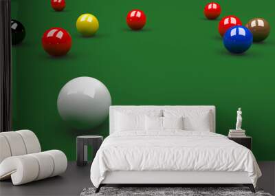 Colored balls for playing snooker on a green cloth of a billiard table Wall mural