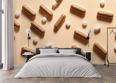 Creative pattern with capsules on light beige top view, hard shadows. Taking supplements isolated with white highlights, png Wall mural