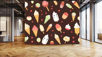 Cute hand drawn seamless pattern with different types of ice cream. Endless texture with sweet desserts for cafe or restaurant menu, wrapping paper, fabric, wallpaper. illustration isolated with whi Wall mural