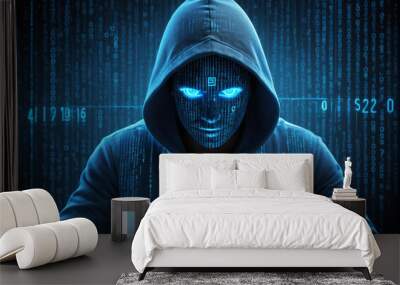 cybercrime, cyber attack, hacker with glowing binary code, ai in cybersecurity systems, threat detection algorithms Wall mural