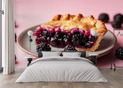 Delicious blackberry pie slice on pastel pink background Wall mural