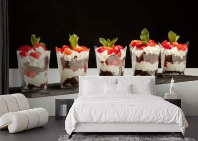 Dessert with fresh strawberry, cream cheese and strawberry jam on glasses Wall mural