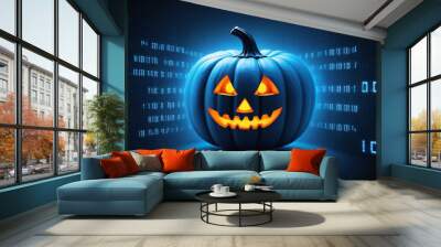 digital image of a jack pumpkin against the background of programmed code, digital space, the concept of protection against viruses on the Internet Wall mural