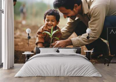 father and son plant a tree together Wall mural