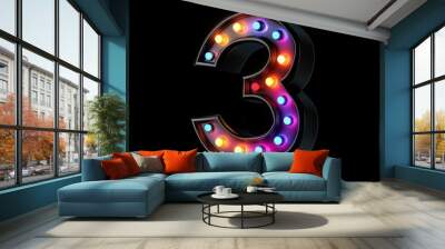 3D number 3 with colored led light texture realistic modern design, soft lighting, black background Wall mural