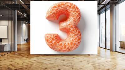 3D number 3 with salmon texture realistic modern design, soft lighting, white background Wall mural