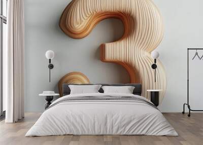 3D number 3 with wooden texture realistic modern design, soft lighting, white background  Wall mural