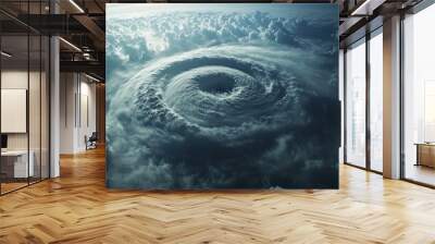 by godly realistic image of a hurricanes eye seen from a plane, circular cloud patterns, normal lighting and clear center Wall mural