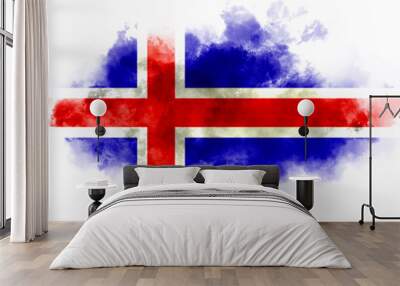 Iceland flag performed from color smoke on the white background. Abstract symbol. Wall mural