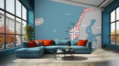 Map of Norway in the colors of national flag. Major cities are marked. Wall mural