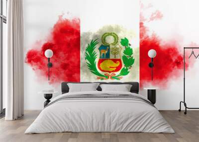 Peru flag performed from color smoke on the white background. Abstract symbol. Wall mural