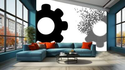 Fractured dotted gear wheel vector icon with wind effect, and original vector image. Pixel burst effect for gear wheel demonstrates speed and motion of cyberspace concepts. Wall mural