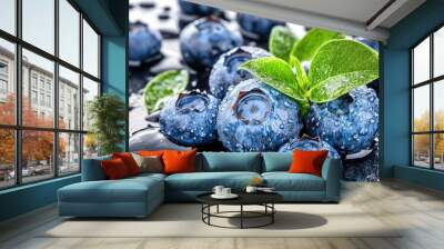 Fresh blueberries with water drops close-up on reflective surface Wall mural