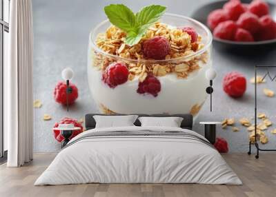 Fresh raspberry yogurt parfait with granola on table Wall mural