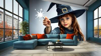 Girl in witch's hat with magic wand isolated with white highlights, png Wall mural