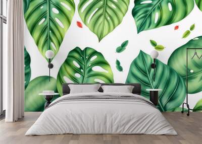 hand drawn watercolor floral tropical seamless pattern with green monstera leaves and palm tree leaves on white  background isolated with white highlights, png Wall mural