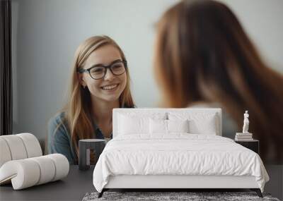 Happy teenage girl on consultation with  psychotherapist. Blurred foreground isolated with white highlights, png Wall mural