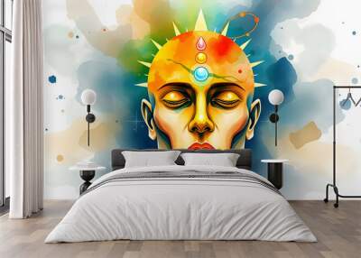 human head chakra power inspiration abstract thinking watercolor painting illustration design hand d Wall mural