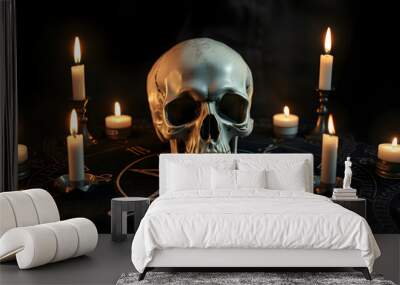 Human skull on pentagram altar cloth with burning candles. Astrology, Occult, black magic ritual isolated with white highlights, png Wall mural