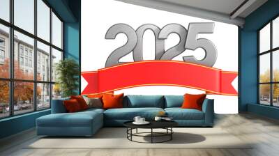 2025 new year with red ribbon on white background. Isolated 3D illustration Wall mural