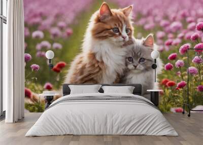 Couple cute and adorable little fluffy cat meadow. Generative AI Wall mural