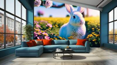 Cute and adorable baby white bunny lies in colorful flowers. Generative AI Wall mural