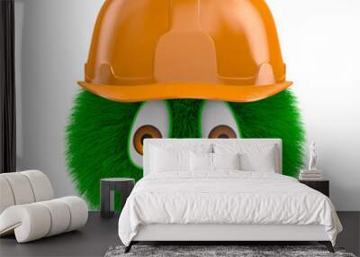 green furry monster in orange hard hat on white background. Isolated 3d illustration Wall mural