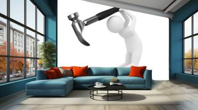 Man swings arm hammer on white background. Isolated 3D image Wall mural