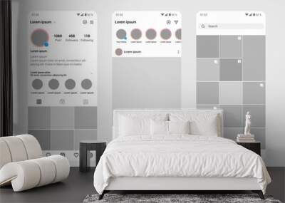 Instagram profile interface template. Design of mobile app UI, UX, GUI. Set of screens home page, profile, search. Template Application. UI Design. Wall mural