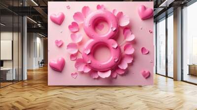 International Women's Day Concept. A pink number 8 and small pink petals and hearts around over pink background, copy space Wall mural