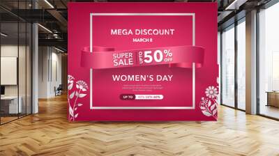 International Women's Day sale poster. 8 March post on red background. Template for banner sale, invitation, stories, streaming. Flowers tulips bouquet. Social media story mockup. Wall mural