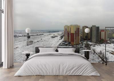 Modern residential area of Kiev at winter time (drone image) Wall mural