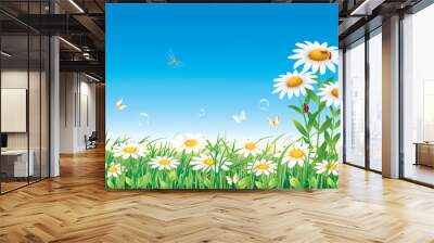 Chamomile meadow on a background of blue sky Wall mural