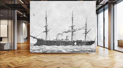 Le Tourville (1874) - a broadside ironclad of French Navy. Illustration of the 19th century. Germany. White background. Wall mural