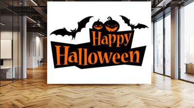 Happy Halloween Text Banner with a bat and pumpkins Wall mural