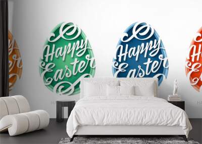 Set of Abstract paper cut illustration of egg with happy easter calligraphy on white background different colors Wall mural