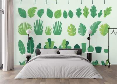 Vector set of flat illustrations of plants, trees, leaves, branches, bushes and pots Wall mural