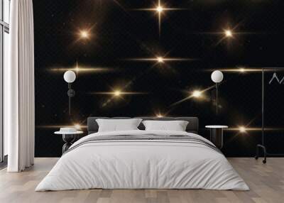 Light rays of light horizontal golden color with glare and flashes isolated on a transparent background. Light star gold png. Light sun gold png. Light flash gold png. Powder png. Wall mural