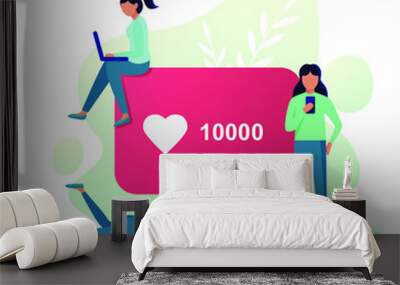 Likes concept, two girls with laptops, one girl with mobile phone. Green background with decorative leaves Wall mural