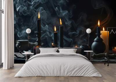 Magic and occult attributes on the table, pagan magic symbols background. Blowing black witchcraft candles. Spiritual mood and witch craft with mystic fantasy background and smoke isolated with whit Wall mural