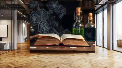 Magic book and magic potion bottles on the table close up. The witchcraft concept isolated with white highlights, png Wall mural