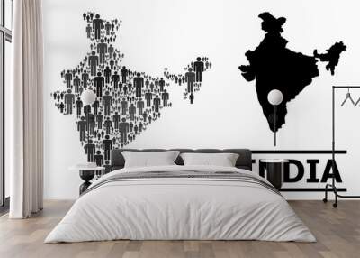 Map of India for social doctrines. Vector population mosaic. Abstraction map of India combined of social elements. Demographic scheme in dark grey color variations. Wall mural