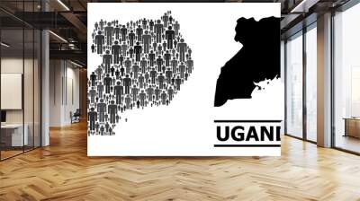 Map of Uganda for political projects. Vector demographics mosaic. Mosaic map of Uganda organized of man items. Demographic scheme in dark gray color tinges. Wall mural