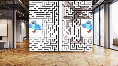 Maze game or activity page for kids Help every bird to get back to the birdhouse village. Answer included. Wall mural