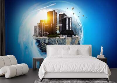 Abstract mountain and city view . Mixed media Wall mural