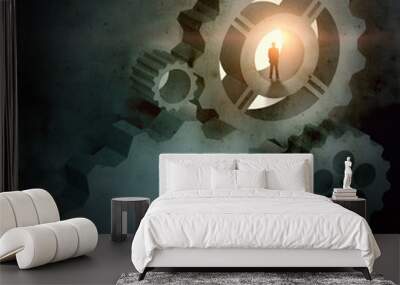 Businessman silhouette in picture of mechanism Wall mural