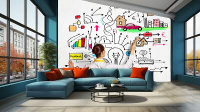 businesswoman drawing on wall Wall mural