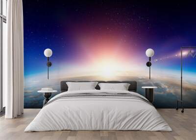 Earth with sunrise on blue space background Wall mural