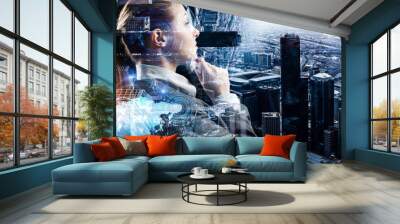 Exposure of businesswoman and modern city . Mixed media Wall mural